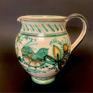 Italian Art Pottery Pitcher, Birds, Flowers. Signed . Rossi Assisi
